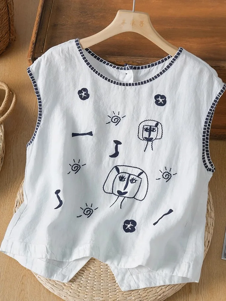 Retro Cartoon Ricamo Gilet di lino da donna Svel Top Anti-età Irregolare oulder Pad Estate Nuovo Sle Pendolarismo Sle