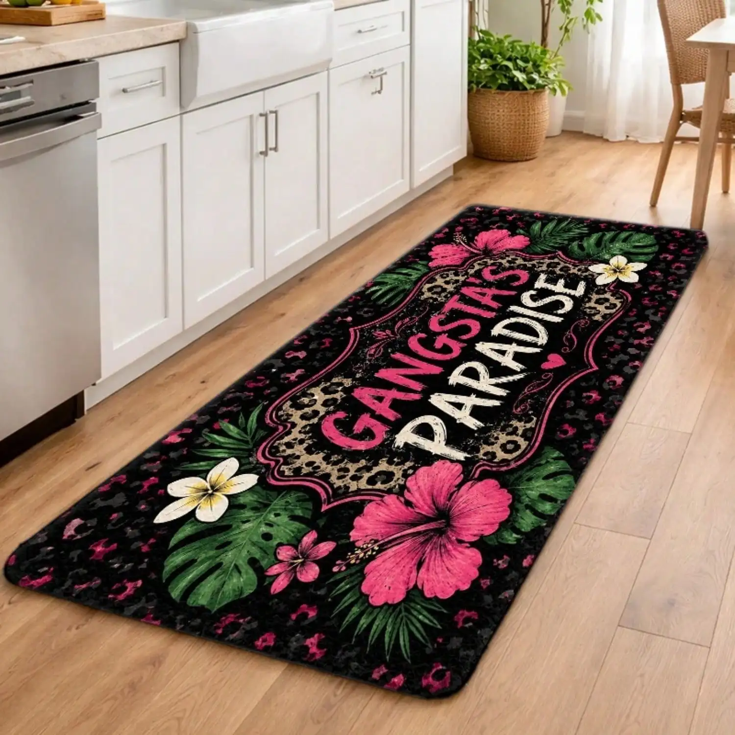 1pc 2D Flat Printing Flannel Material Door Mat, Outdoor Courtyard Door Mat, Gangsta'S Paradise Leopard Print Floral Pattern Rug, Durable And Machine Washable