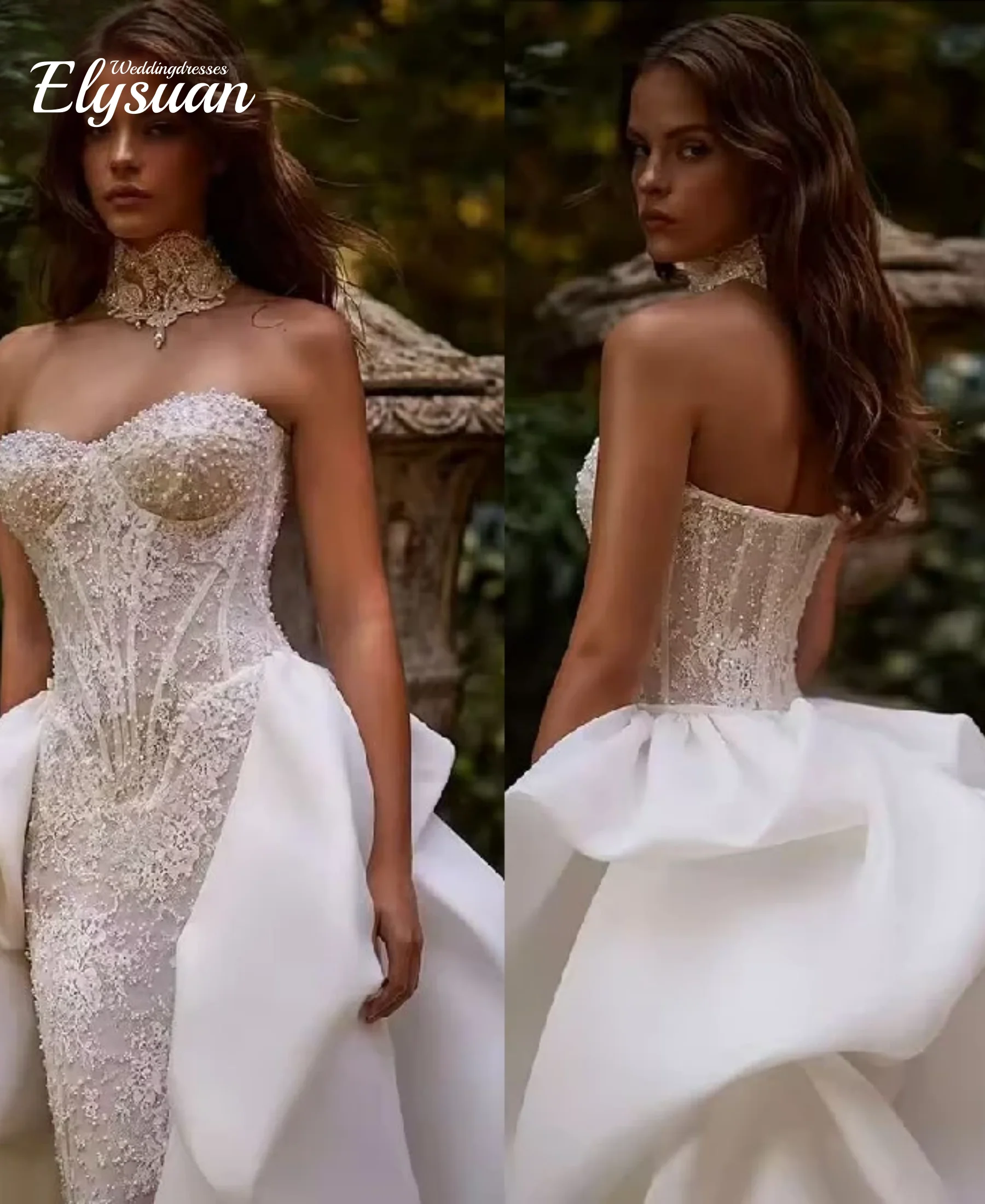 

Свадебное платье на заказ: блестящее, фасон «русалка», с кружевом, жемчугом, длинными рукавами и великолепным съемным шлейфом. Vestidos De Novia.