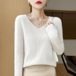 100% Merino Wool Sweater Cashmere Pullover Women Knitwear V-Neck Long Sleeve Autumn Winter Fashion Basic Clothing Tops