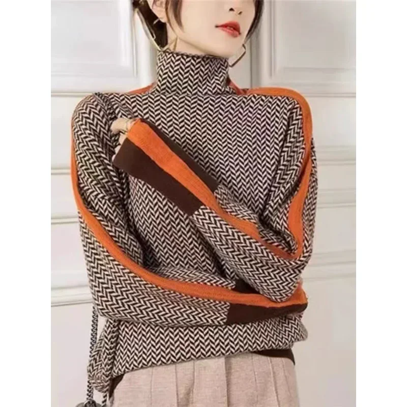 Autumn Winter Soft Wool Elastic Loose Vintage Striped Sweaters Women's Clothing Casual Turtleneck Thin Commute Knitted Pullovers