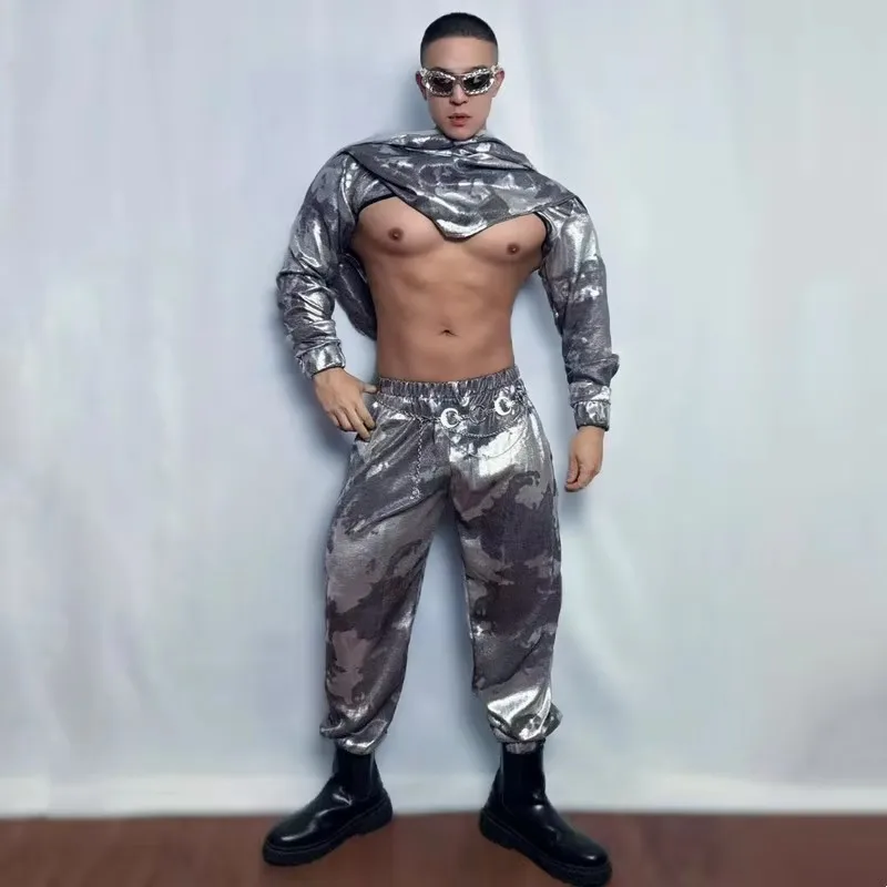 زي أداء المسرح على الطراز المصري للرجال زي راقص جوجو المثير بلوزة فضية مع بنطلون لمهرجان الرقص في الملهى الليلي #2