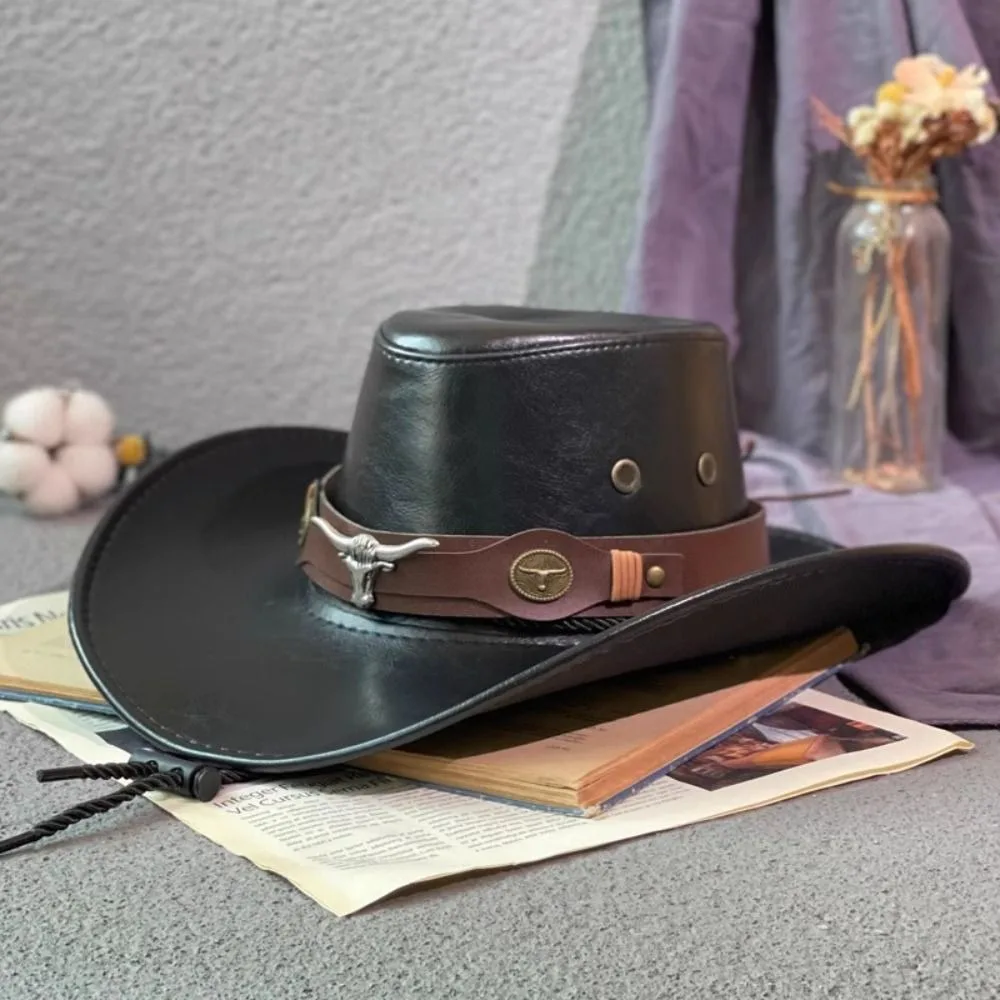 

PU Leather Western Cowboy Hat Drawstring Outdoor Travel Hat Fisherman Hat Jazz Cap Climbing Cap Sunscrean Bucket Cap Climbing