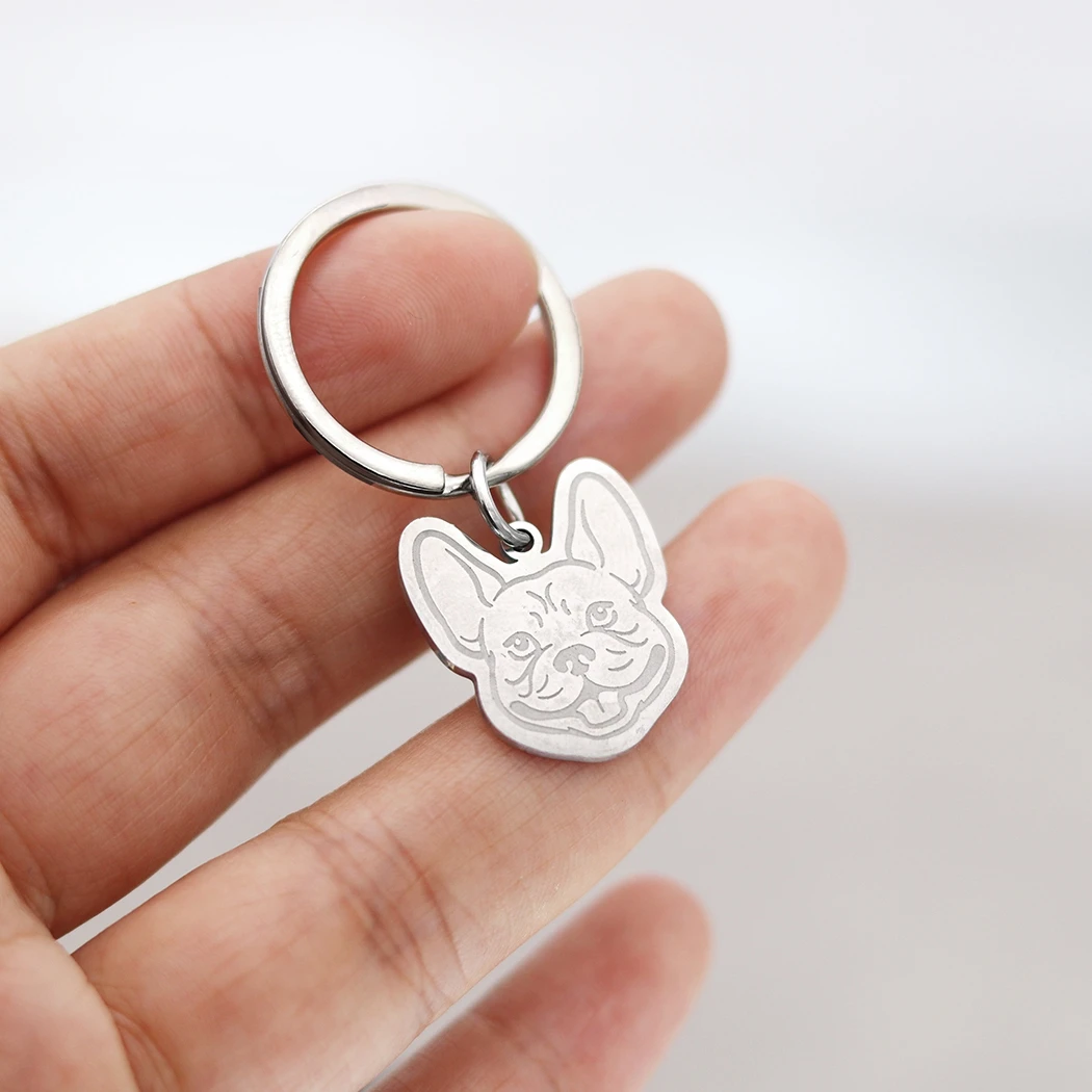 Qiamni-男性と女性のためのかわいいフレンチブルドッグキーホルダー、ステンレス鋼、カスタム名、番号、動物のペンダント、キーホルダー、パーティージュエリー、ギフト