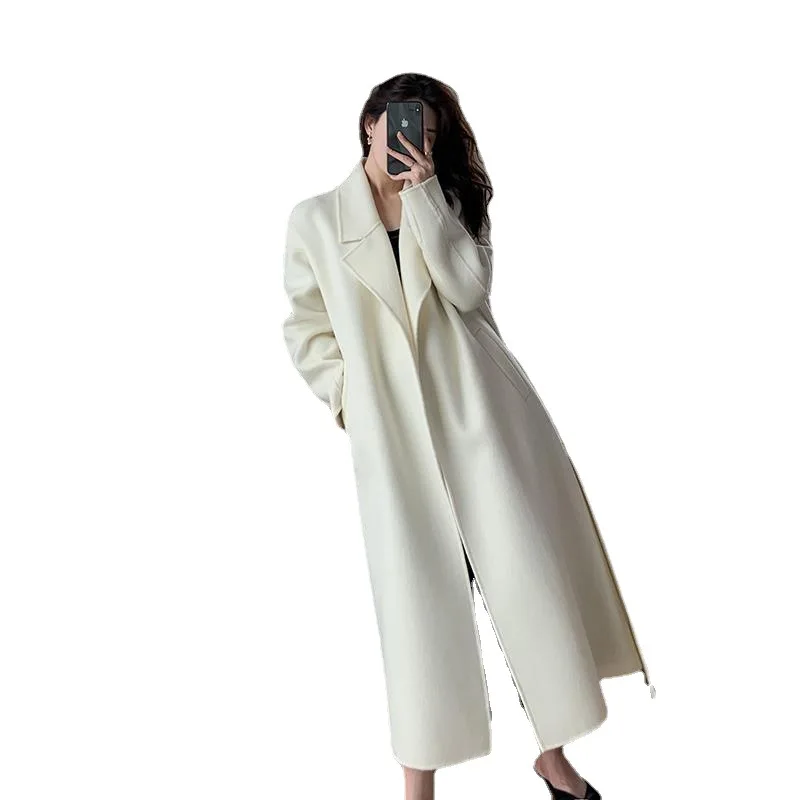 Elegant Midi Wool Blends Coat Women Korean Thicken Long Bandage Jackets Oversized Lace Up Outwear White Cardigan Woolen Overcoat