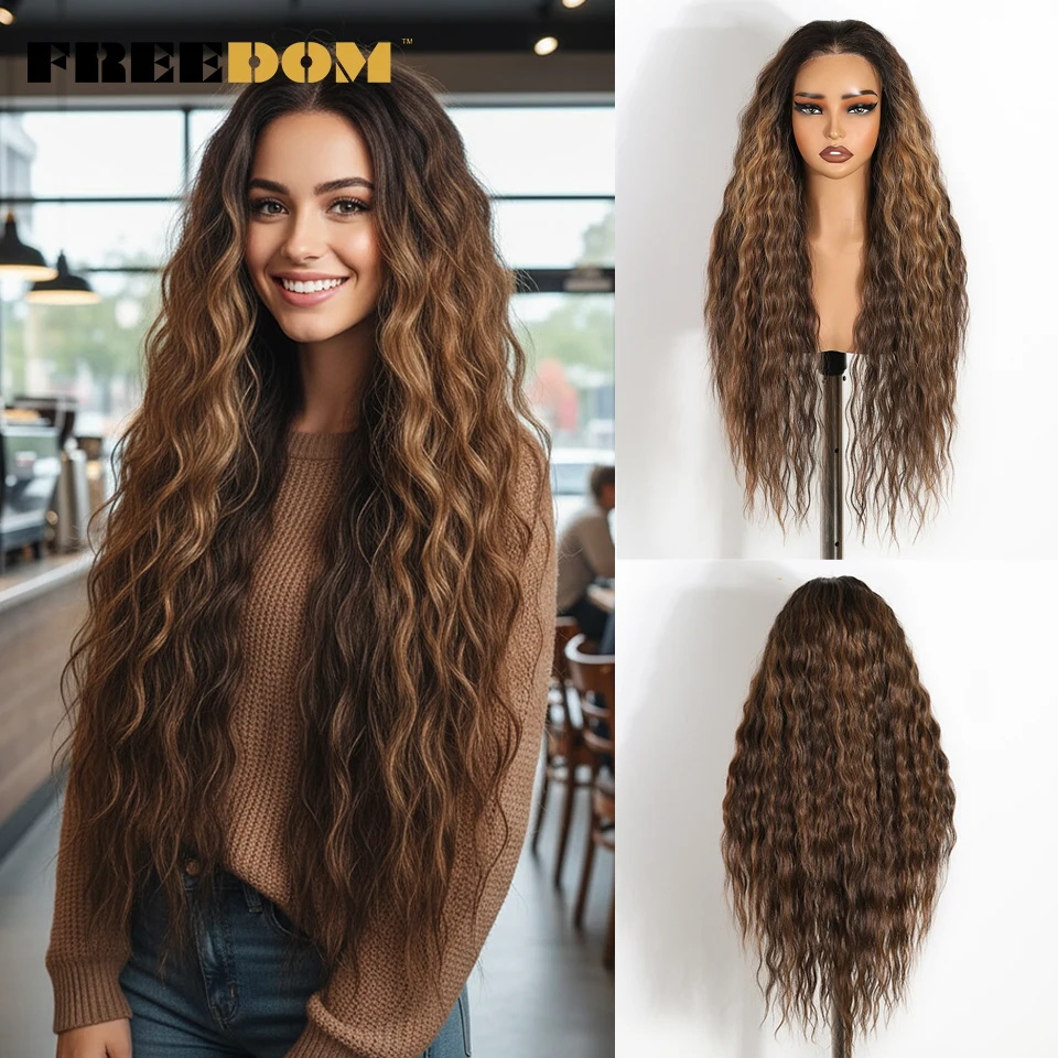 

FREEDOM Curly Synthetic Lace Front Wigs For Black Women 6x4 Pre Plucked Pre Cut Wear and Go Glueless Wig Ombre Brown Cosplay Wig