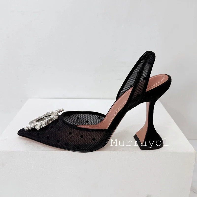 Thin High Heels Pumps Mesh Rhinestone Sunflower Decor Back Strap Pointed Toe Slingback Sandals Women Party Banquet Dress Shoes