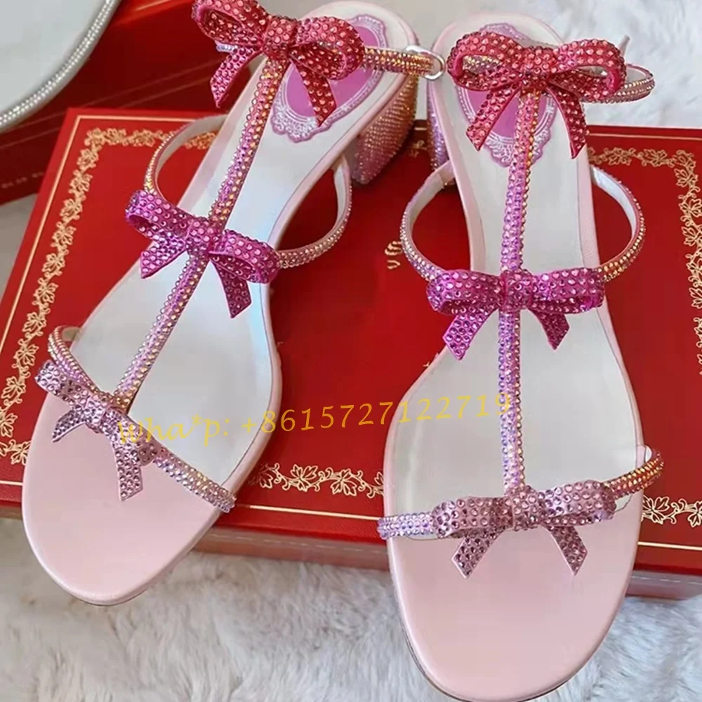 

T-strap Sweet Butterfly Sandals Med Block Heels Party Luxury Summer Crystal Sandals Comfy Open Toe Women Wedding Elegant Shoes