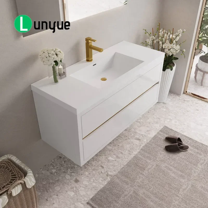 Wall Mounted Floating Bathroom Vanity Cabinet with Stone Resin Countertop Modern Storage Unit for Home Bathroom Decor Space