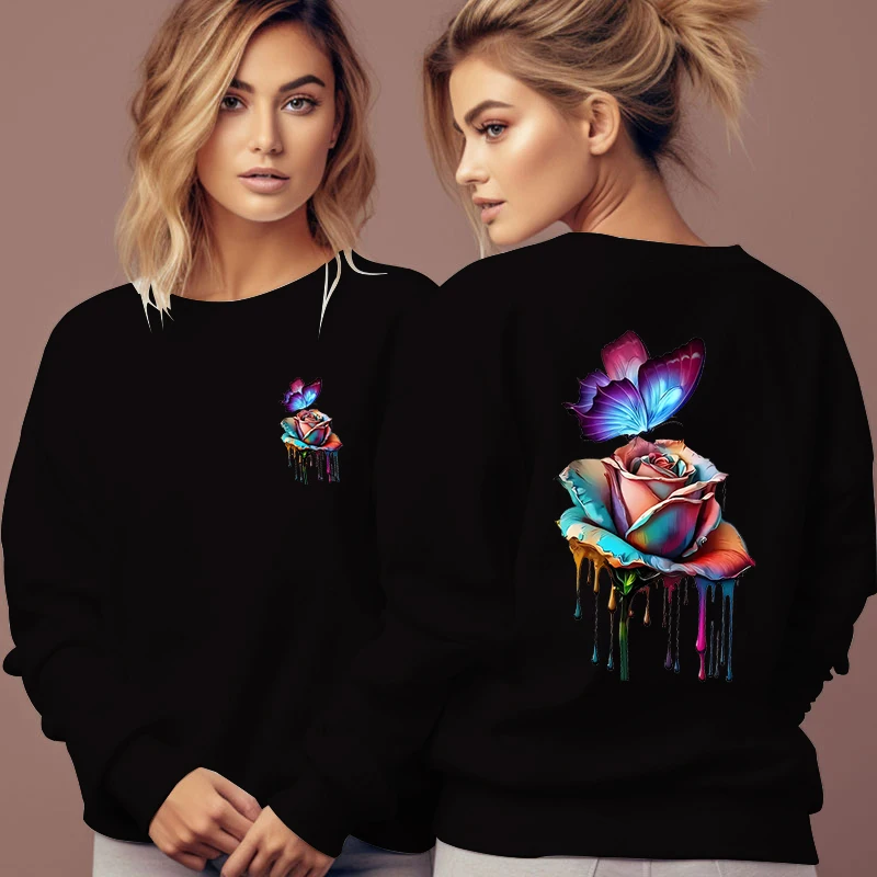 Watercolor Butterfly Rose Sweatshirt Women Colour Flower Design Trend Pullover Long Sleeve Funny Fashion Women Aesthetics Hoodie