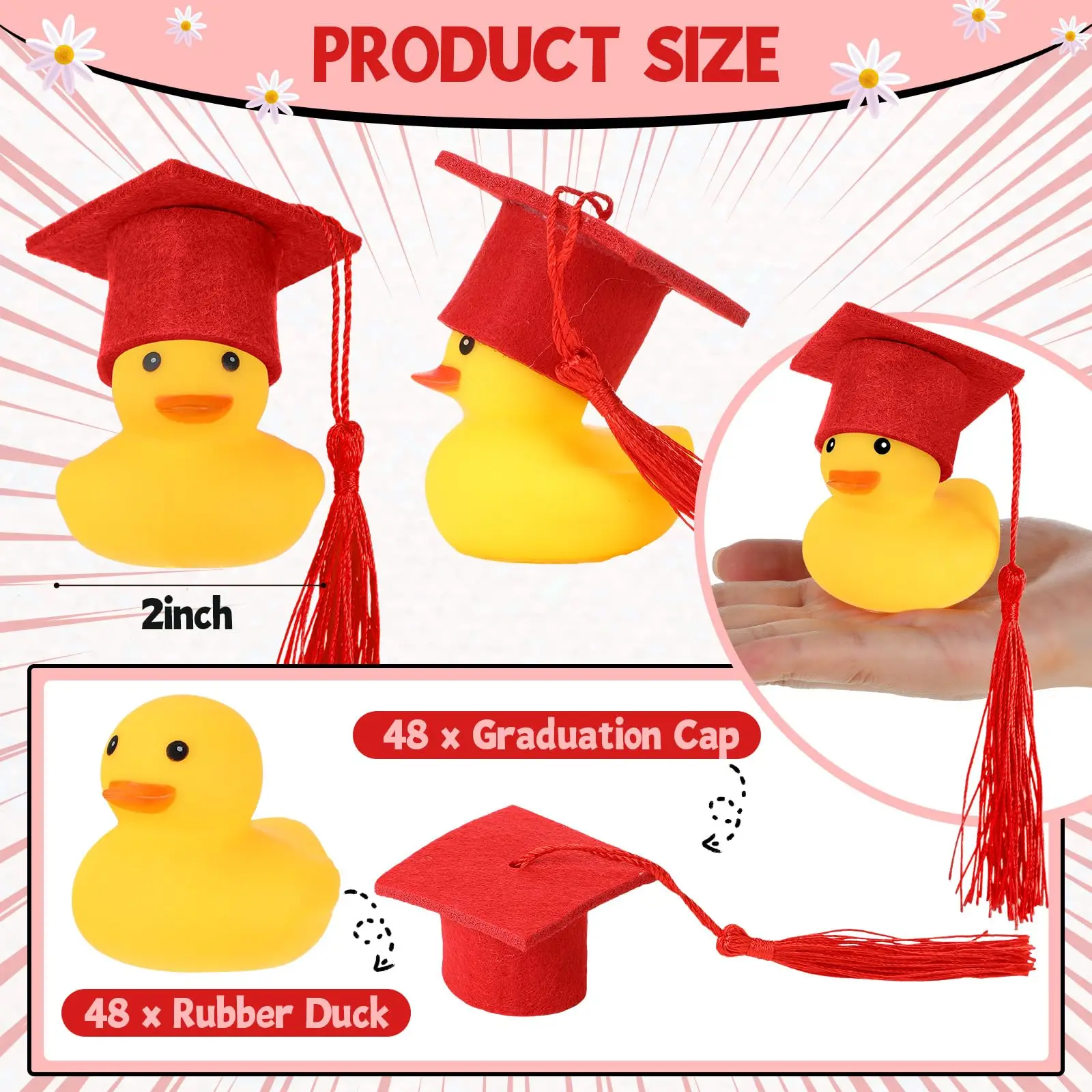 48Pcs Graduation Duck Mini Grad Rubber Ducks with Grad Tassel Cap and Certificate Red and Blue Grad Duck Bulk for Pool FloatPart