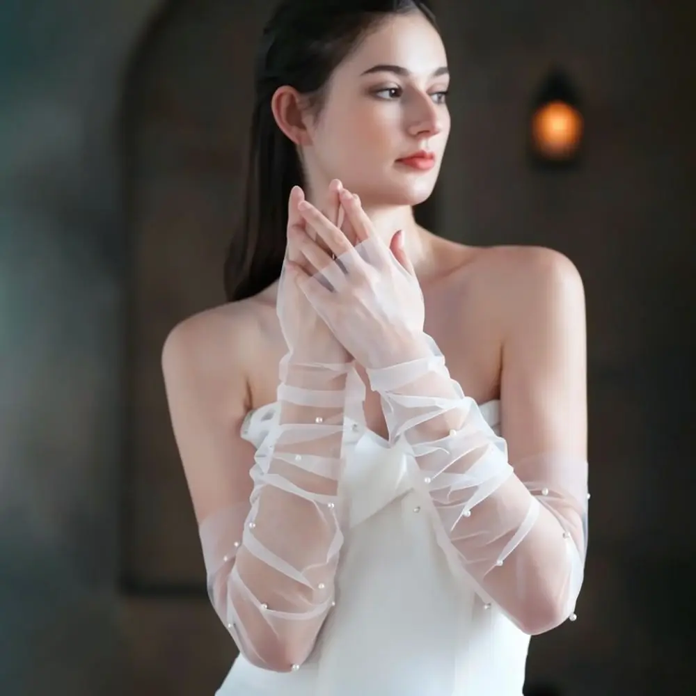 Wedding Dress Long Mesh Sleeves Pearls Fingerless Gloves Bridal Accessories Elegant Party Handwear For Romantic Bride