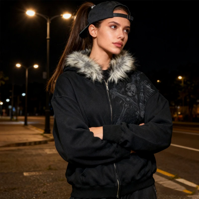 2000 خريف/شتاء جديد القوطية نمط الترفيه في الهواء الطلق الدافئة الورك الغراب القوطية المطبوعة الفن المطبوعة القوطية هوديي الصوف طوق #5