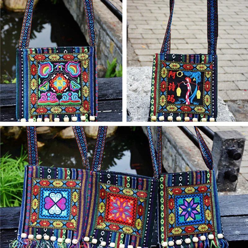 2023 new Yunnan ethnic style embroidery bag striped cloth embroidery single shoulder oblique span tassel camellia bag