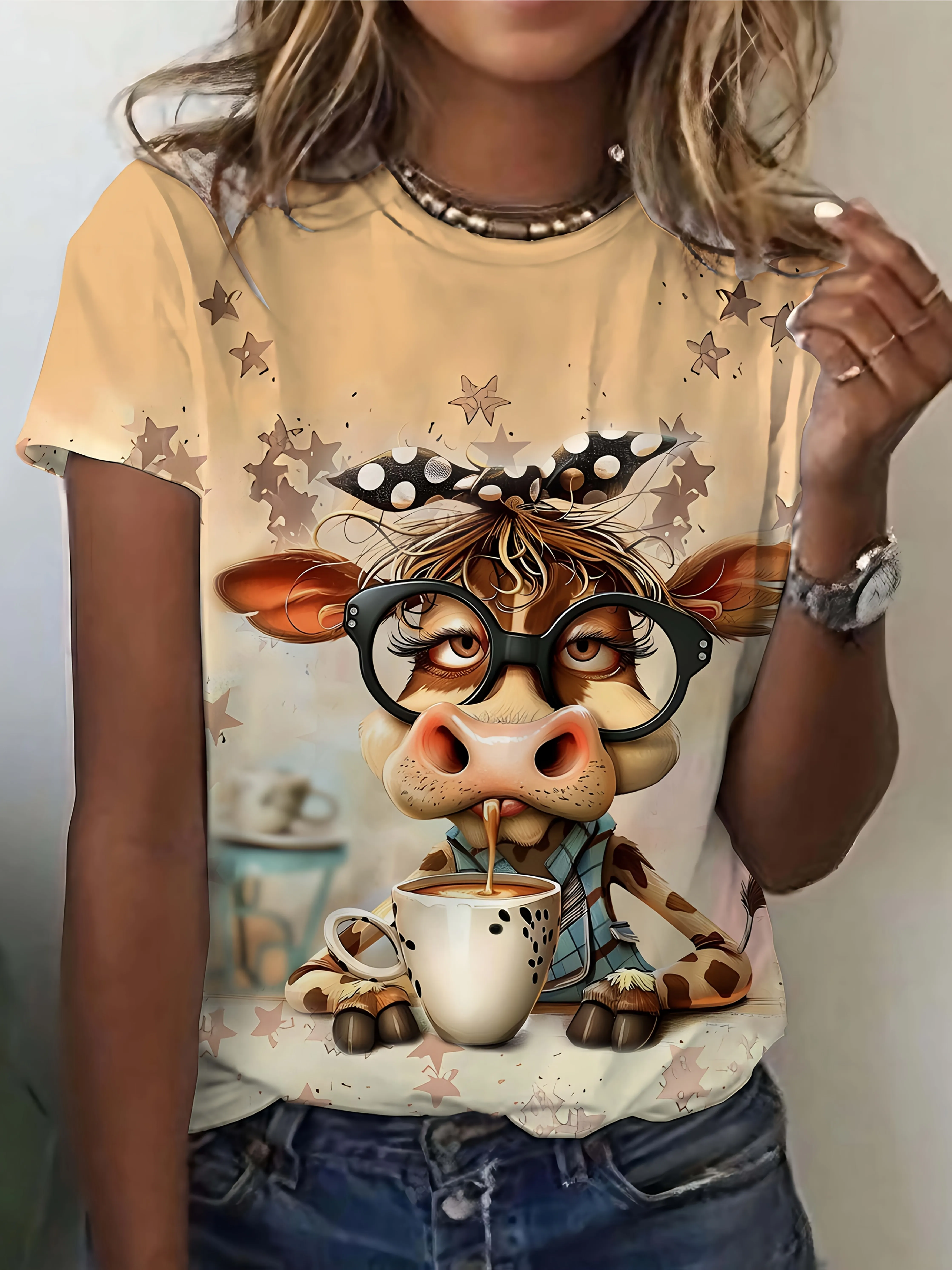 Women's Tee - Cute Coffee Cow & Star Graphic, Playful Cartoon Animal Design for Casual Daily Wear
