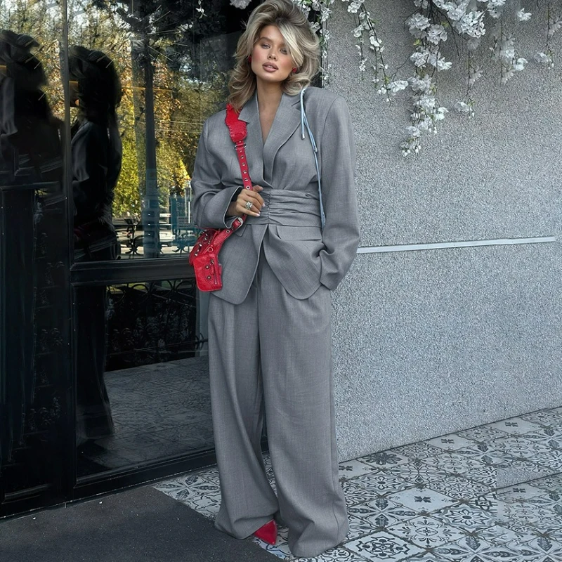 

Grey High-waisted Stylish Individualistic Suit Set Autumn/Winter New Fashion Casual Commuting Wide-leg Pants Two-piece for Women