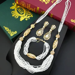 Sunspicems Chic Morocco Hand Bead Necklace Sets Crystal Earrings Rope Bracelet Arabic Women Bride Bead Wedding Jewelry Sets