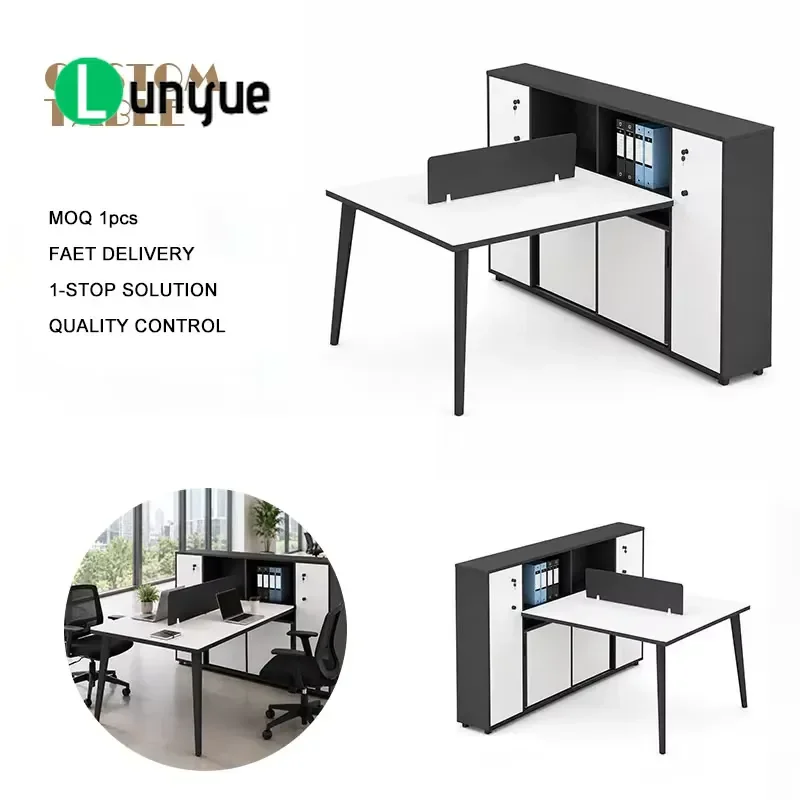 Modern Double Desk with Wooden Storage Shelf and Privacy Panel Team Workspace Office Partition Workstation for Home Office