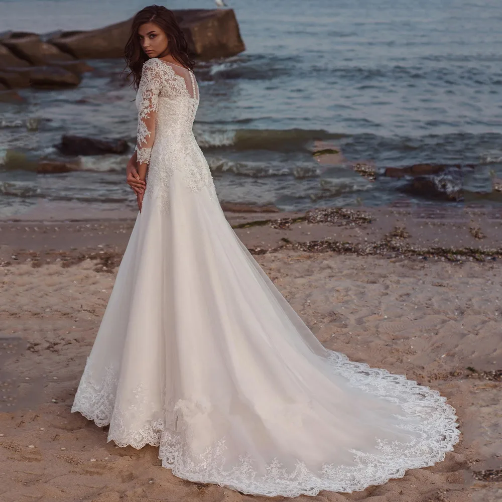 Boho V-neck A-line Wedding Dresses  Long Sleeves Lace Appliques Tulle Sweep Train Bridal Gown Beach Robe De Mariee Summer