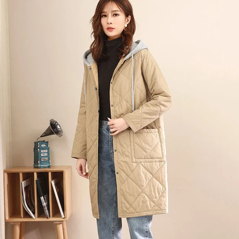 New Autumn Winter Long Cotton Jacket Diamond Lattice Plus Size Women Casual Quilted Cotton Coat Female Hooded Parka Overcoat 4XL