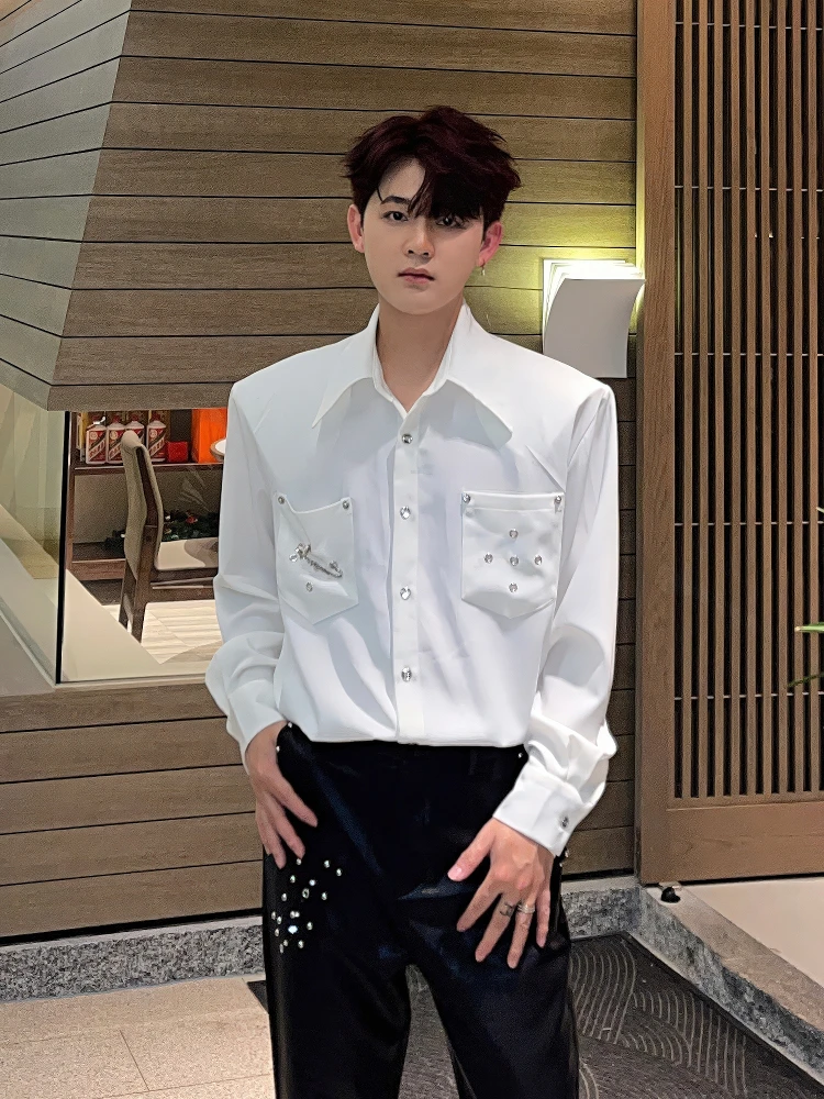 Men's 2025 Spring Solid Color Long-sleeve Shirts Men's Niche Rivet High-end Simple Pin Decoration Tops Trendy Shoulder Pad Shirt