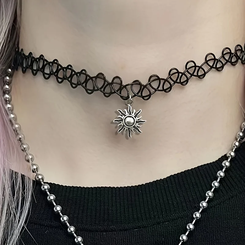 Gothic Sun Tattoo Choker Necklace Bohemian Sun Jewelry Y2K Black Necklace, Stretchy Elastic Necklace for Women And Girls
