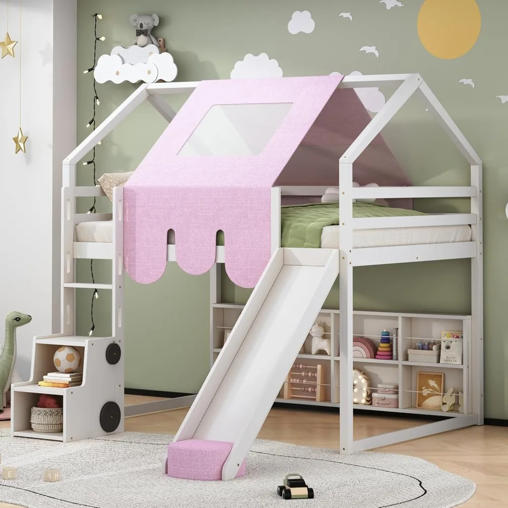 

white wooden full-size loft bed with slide, ladder, shelves, and tent-inspired design