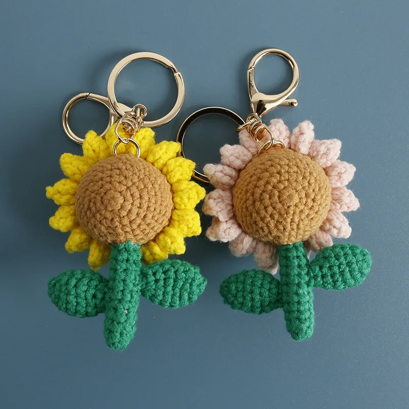 Cute Sunflower Crochet Keychain Handmake Knitted Smile Sunflower Doll Keychain For Bag Pendant Keyring Wholesale Custom Accesory