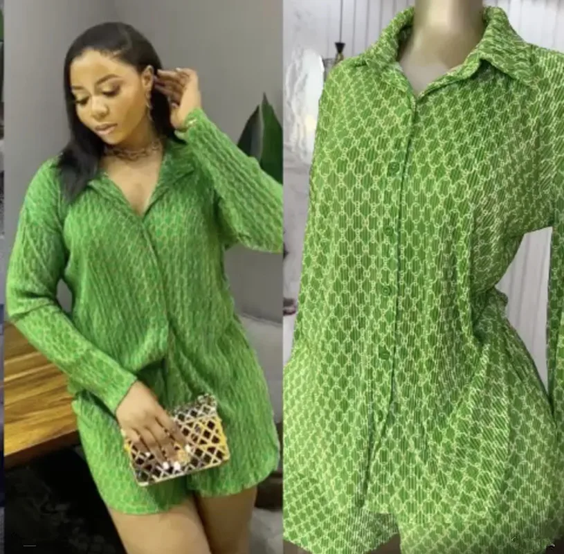 

Casual Elegant Long Sleeve Single Breasted Green Shirt High Waist Pleated Shorts Sets Trendy Women Pressed Fold Two-Piece Outfit