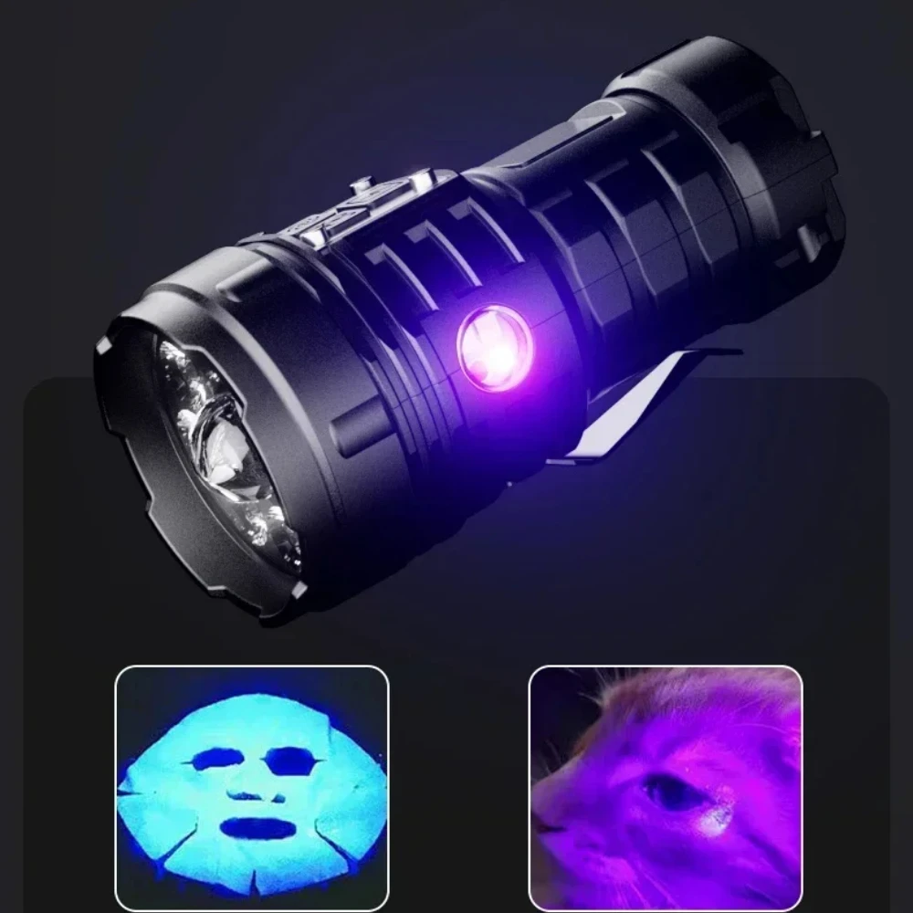 Powerful Mini Flashlight USB Rechargeable Keychain Handlight Violet Light Digital Display Magnet Torch Outdoor Camping Detection