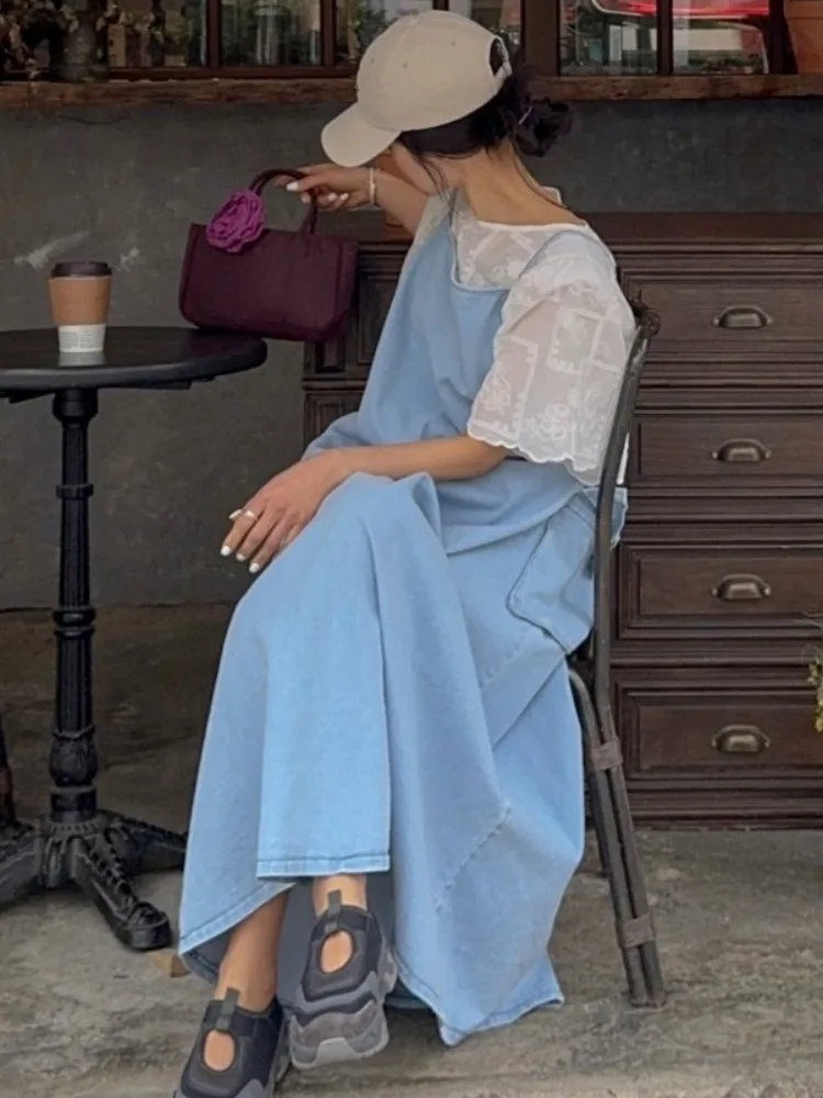 Estate New Sle Denim da donna Off-oulder Dr con Big Kets Gonna lunga a trapezio Retro Stratificazione Pendolarismo Vento Midi Dr