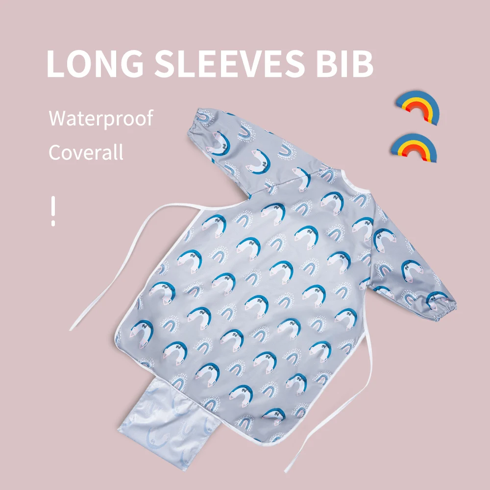 HappyFlute New Prints 1Piece Table Use Full Coverage Pocket Waterproof Printing Long Sleeve Coverall Baby Feeding Bib