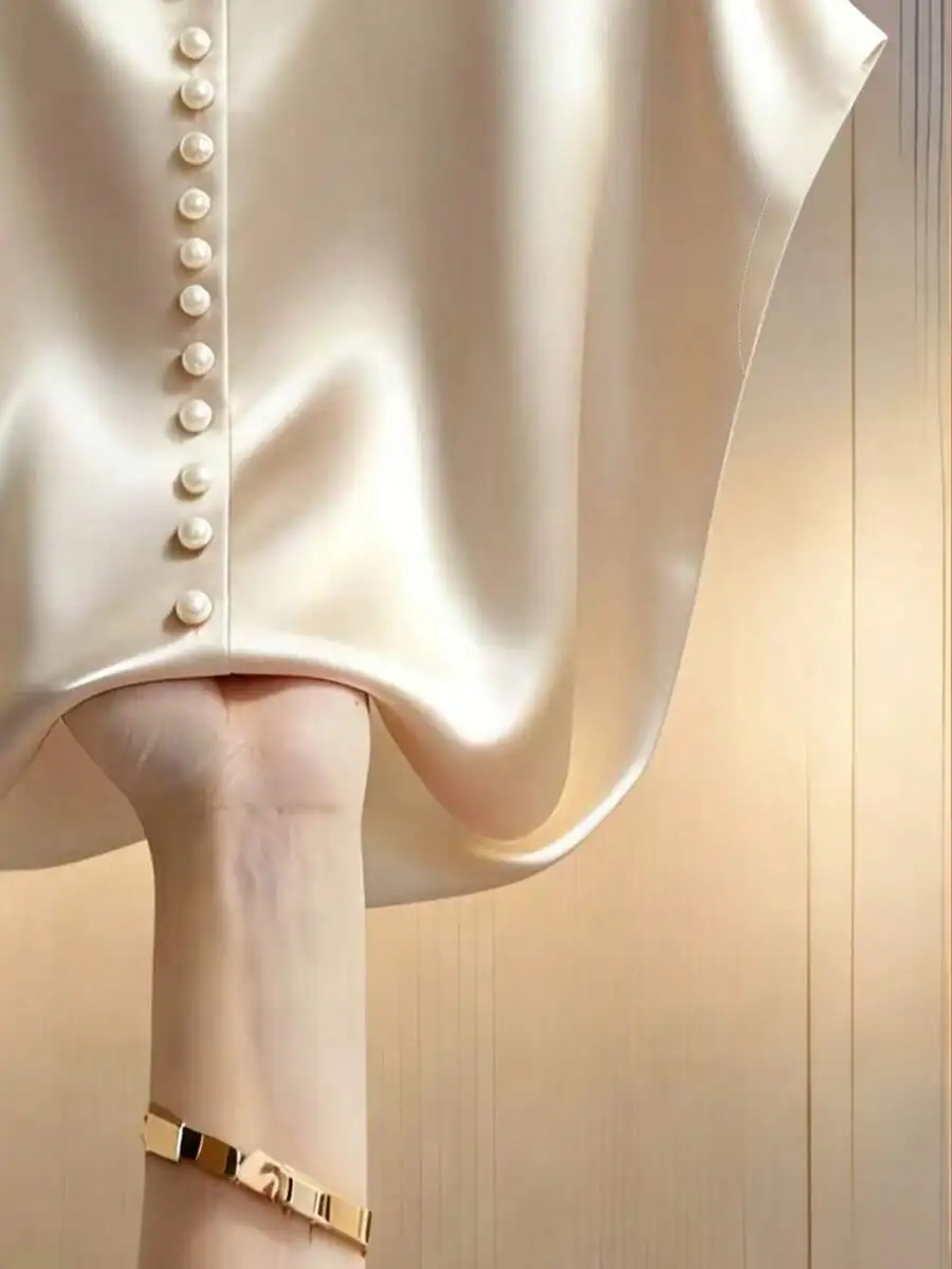 

Champagne Satin Blouse With Pearl Buttons Batwing Sleeve Round Neck Summer Top