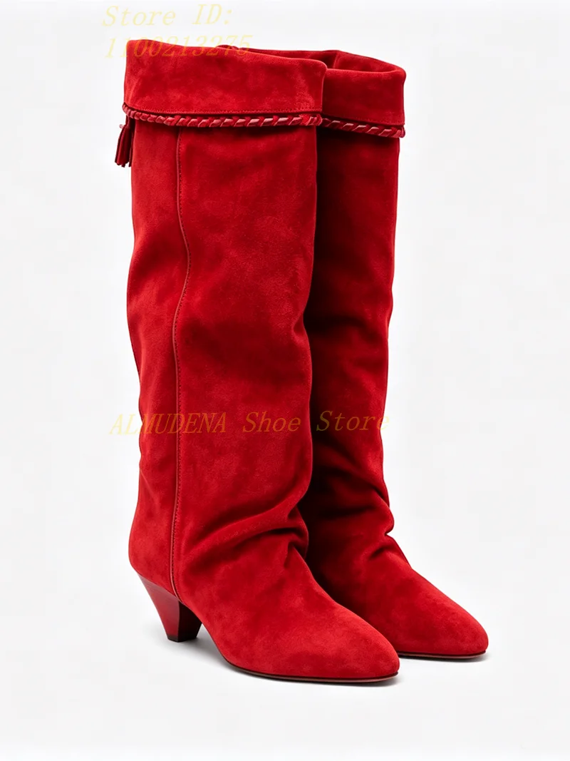 Suede Slip On Slouchy Knee High Boots Spike Heel Sexy Pointy Toe Runway 2026 Winter Autumn Women Dress Solid Shoes Handmade