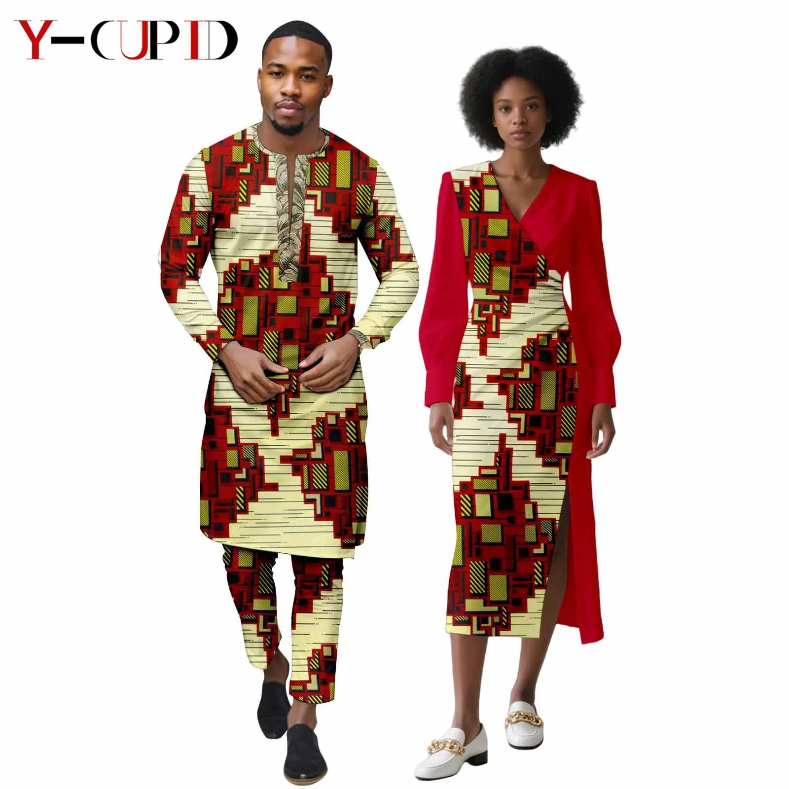 

African Print Asymmetrical Dresses for Women Matching Couple Clothes Men Suits Long Top and Pant Sets Dashiki Party Y26C004