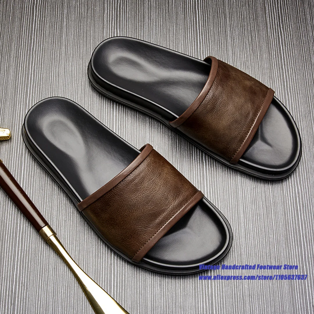 Men Vintage Brown Leather Slide Sandals Soft Leather Anti-Slip Open Toe Casual Indoor Outdoor Summer Stylish Men's Slippers