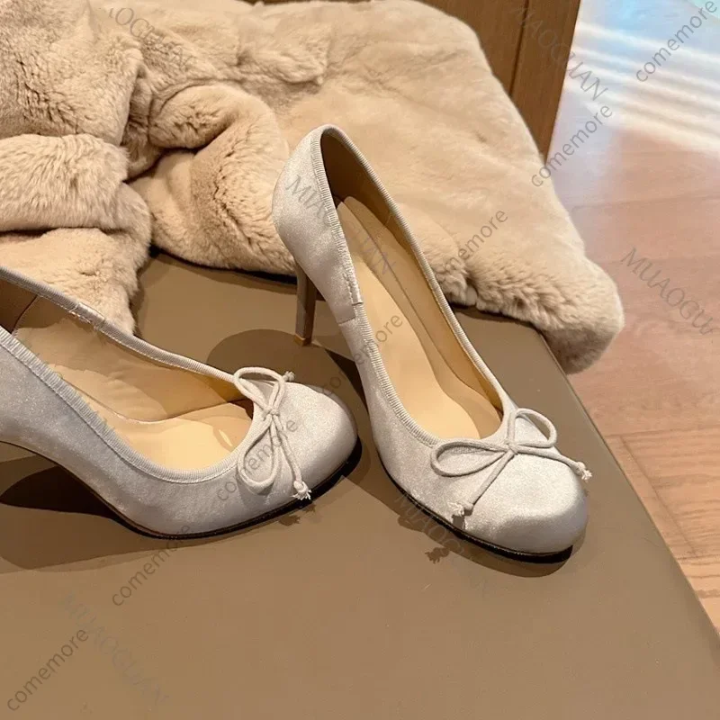 Comemore عالية الكعب النساء أحذية الربيع جولة رئيس القوس الساتان الباليه الكعوب للنساء Gentle الفرنسية مزاجه مضخات حذا فردي للسيدات #4