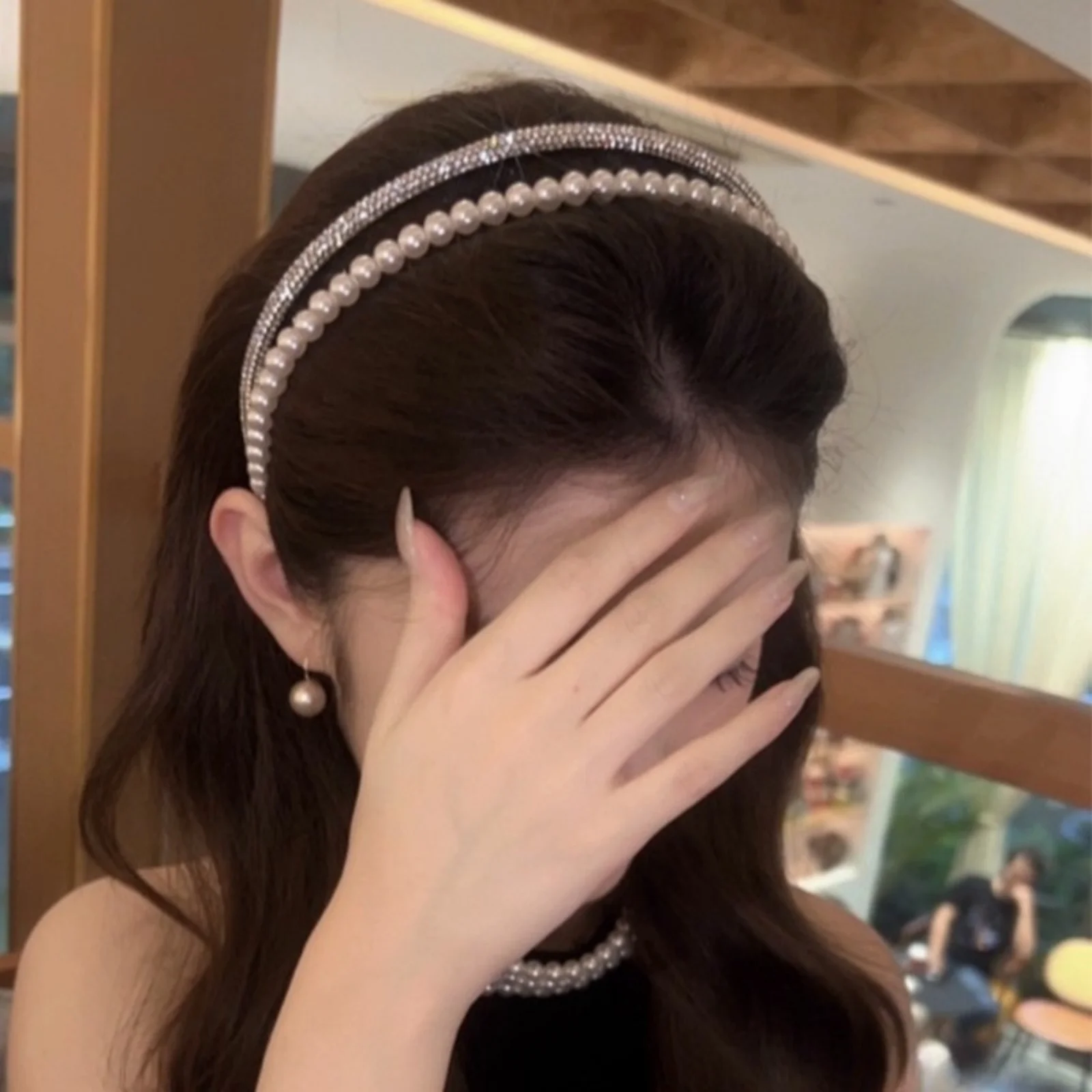 1PC Fashionable Double-Layer Imitation Pearl & Rhinestone Hair Hoop for Women - High-End Rhinestone-Inlaid, Versatile for Outing