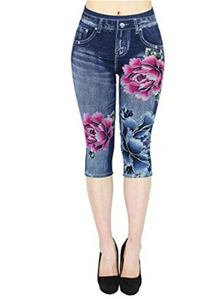 LJCUIYAO-pantalones de mezclilla de imitación para mujer, pantalones Capris de cintura alta, Jeggings elásticos, Casual, Fitness, flor, moda