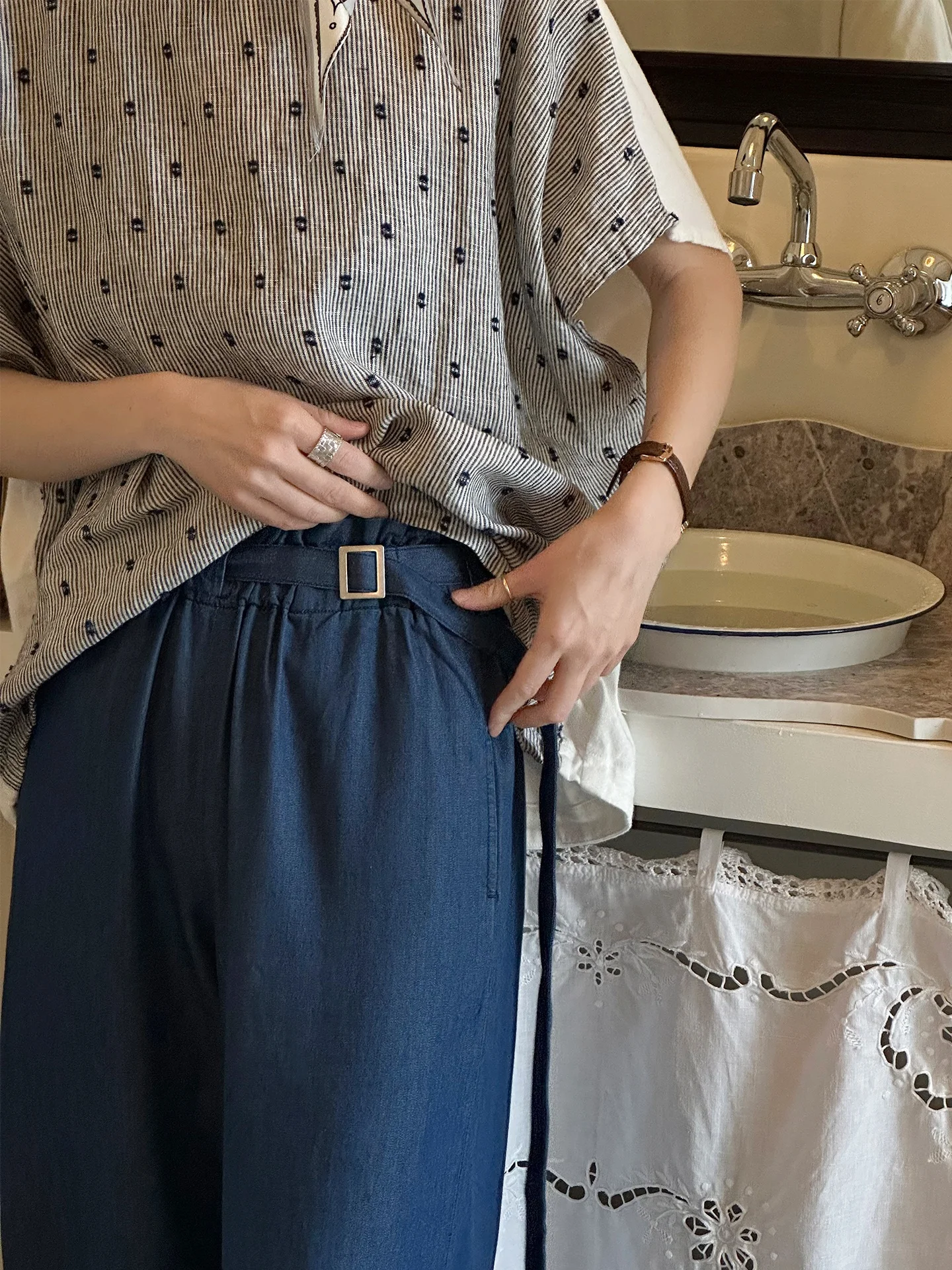 

Lightweight Draped Casual Floor-Length Pants High Waist Straight Leg Pants Copper Ammonia Fiber Cotton Blend Comfortable Ladi...