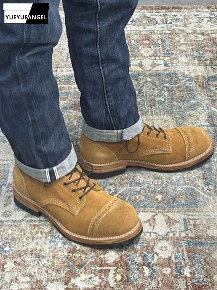 Handmade Solid Color Genuine Leather Hard-Wearing Lace-Up Ankle Boots Retro Male Cow Suede Round Toe Platform High Top Shoes