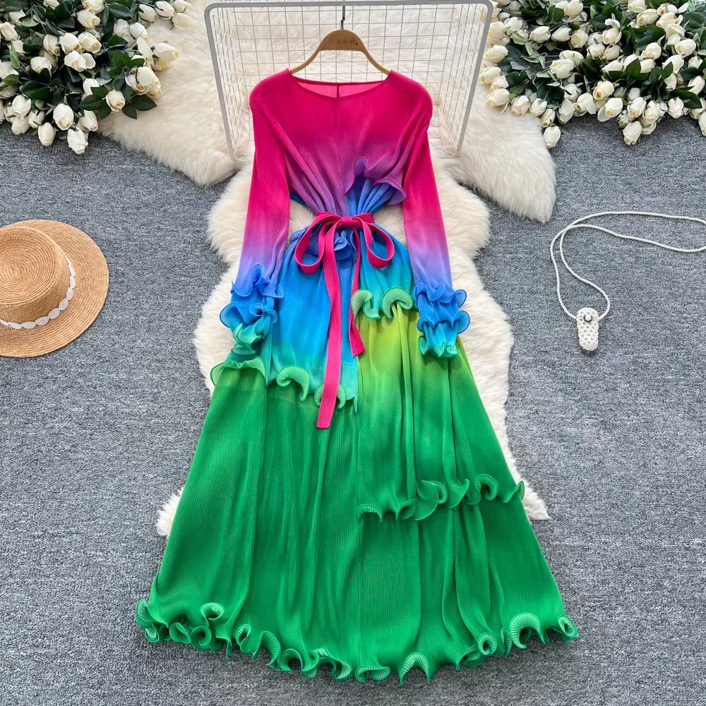 Chic Sexy O-Collo Commestibile Albero Fungo Lace-up Increspato Fata A-line allentato Donne di Estate Boho Vestito Estivo abbigliamento donna