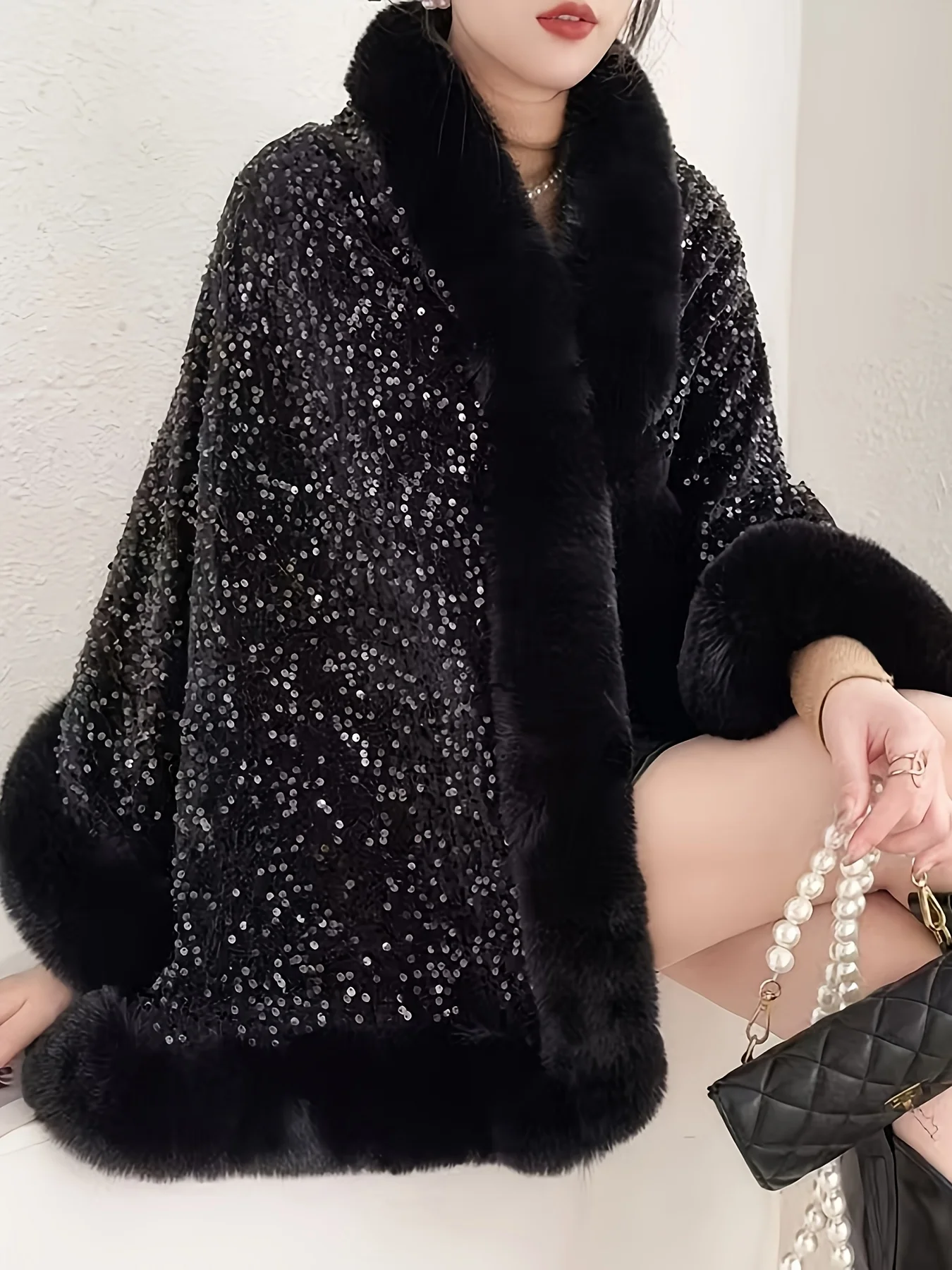 Women's Luxury Sequin Cape Shawl with Faux Fur Trim Perfect for Evening Party and Wedding Sparkly Sequin Fur Trim