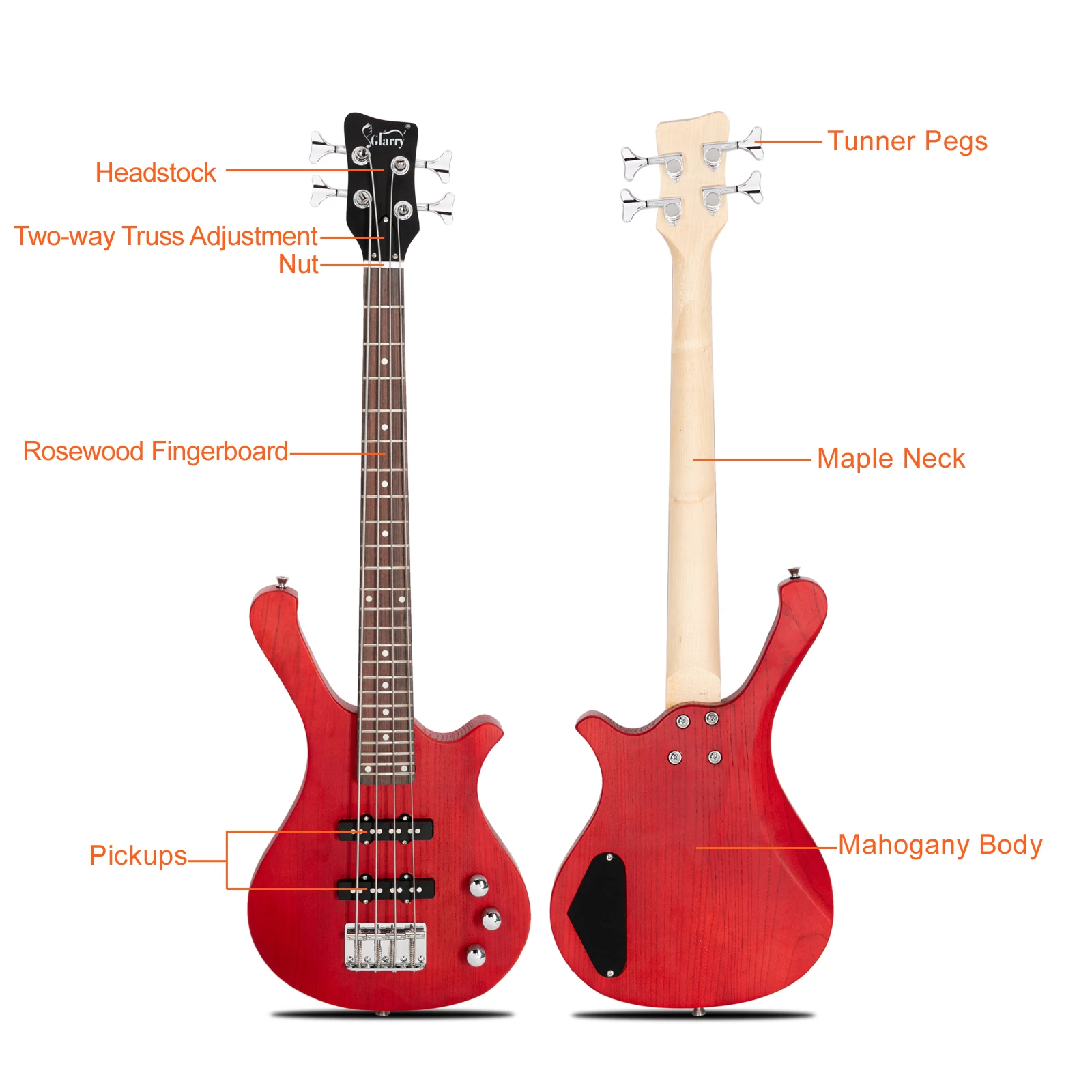 36in Small Scale Electric Bass Guitar Suit With Mahogany Body SS Pickups, Guitar Bag, Strap, Cable Red