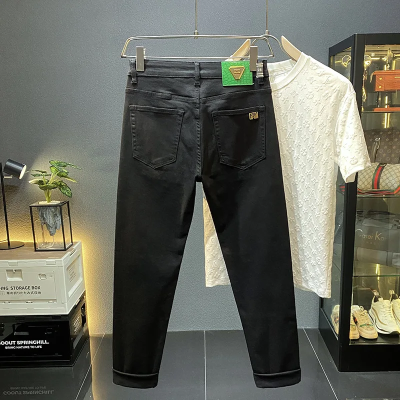 Pure Black Light Luxury Jeans Men's Cropped 2024 Spring Style Fashion Brand High-End All-Match Casual Slim Fit Long Skinny Pants