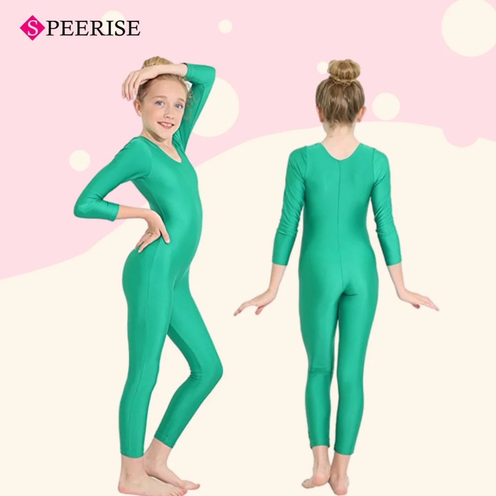 ชุดบอดี้สูทเด็กผู้หญิงแขนยาวสำหรับเต้นบัลเลต์ ยิมนาสติก ชุดออกกำลังกาย ชุดเต้นรำ ชุดยูนิทาร์ดผ้ายืดสีพื้น สำหรับการแสดงบนเวที