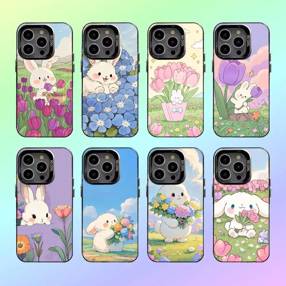 

Color Flowers and Cute rabbit Phone Case For iPhone17,16,15,14,13,12,11 Lens Border Silver Plated Cover Candy Matte Cover