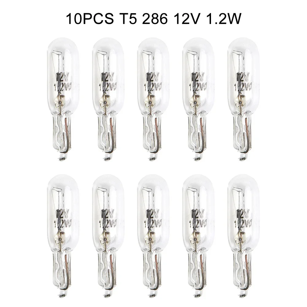 Reliable T5 286 Car Dashboard Light Bulbs, 12V 1 2W, Pack of 10, Quartz Glass Construction, Halogen Technology