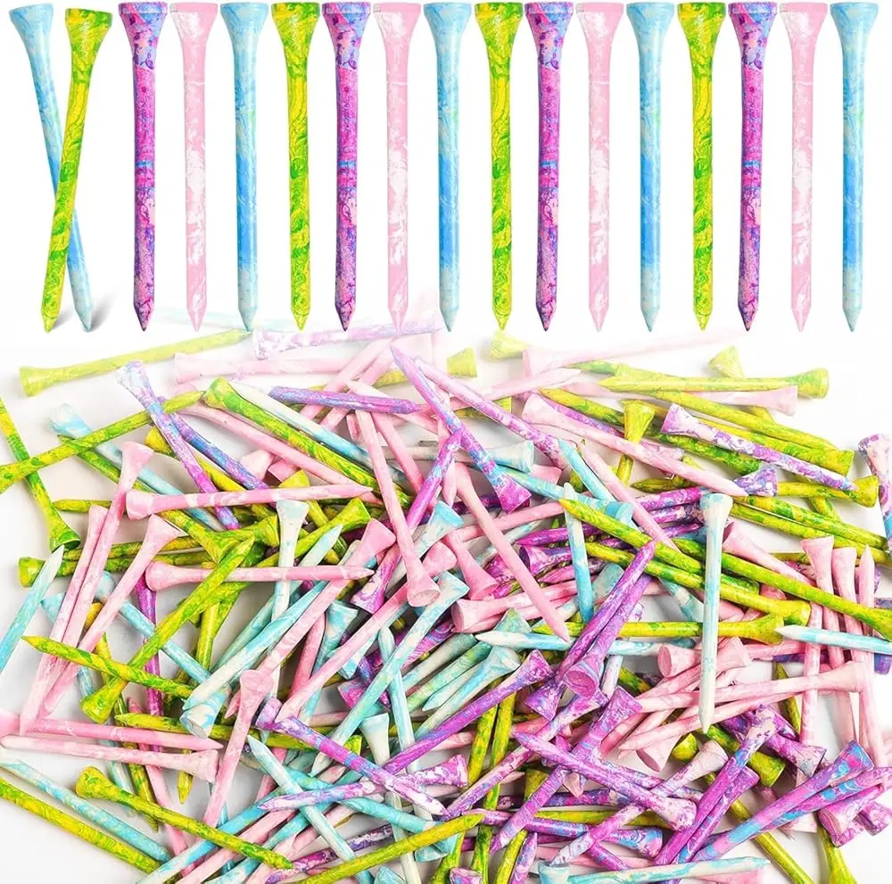 Golf Tees van Bamboe, Houten, Geschilderd, 30 Stuks, Duurzaam, 3 1/4, 2 3/4, 1 1/2 Inch Lange en Korte Tees, Coole Stijl voor Hoge Zichtbaarheid