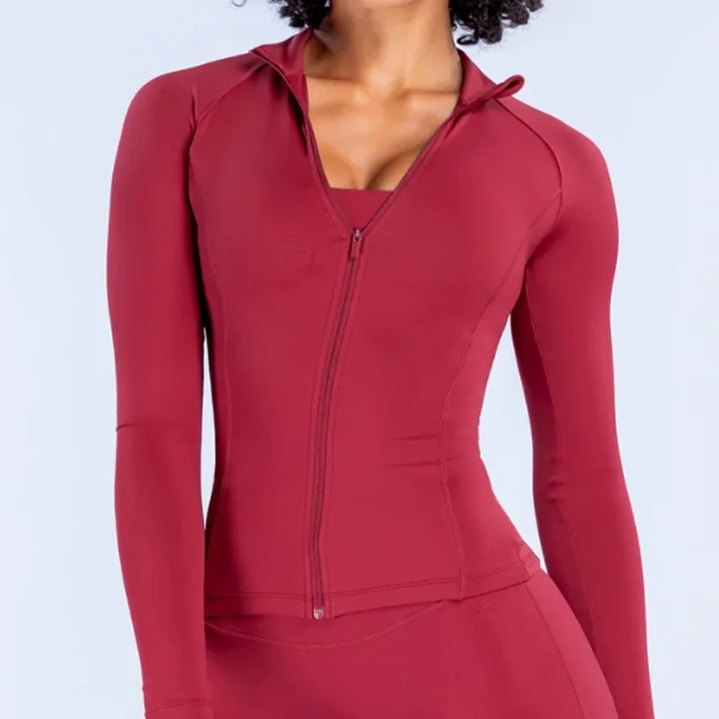 Denyf Women Slim Fit Stand Collar Zip Up Long Sleeve Yoga Jacket Quick Dry Sports Top For Outdoor Workout Fitness Running Traini